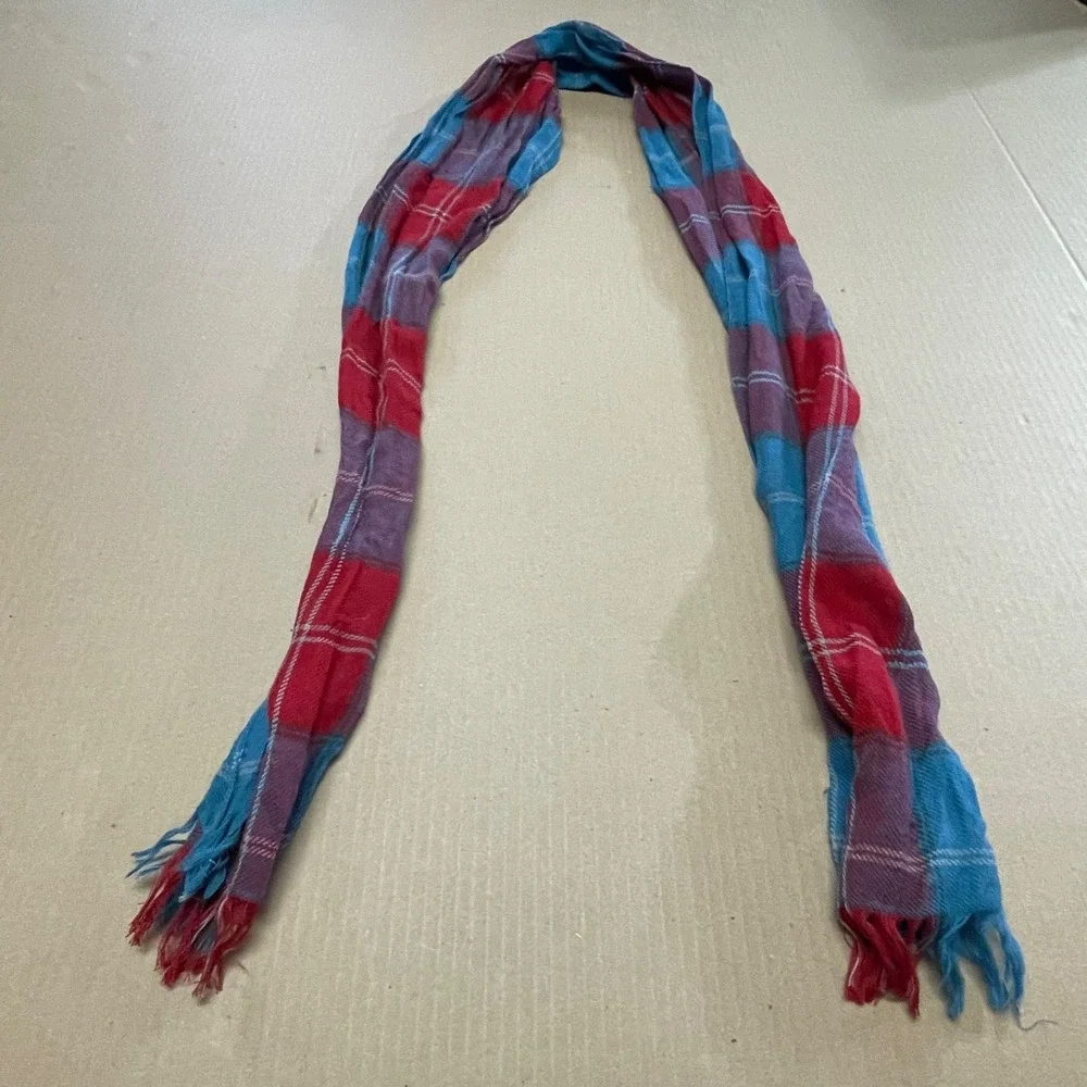 Gap Red/Blue Plaid Fringed Rectangle Scarf 70
